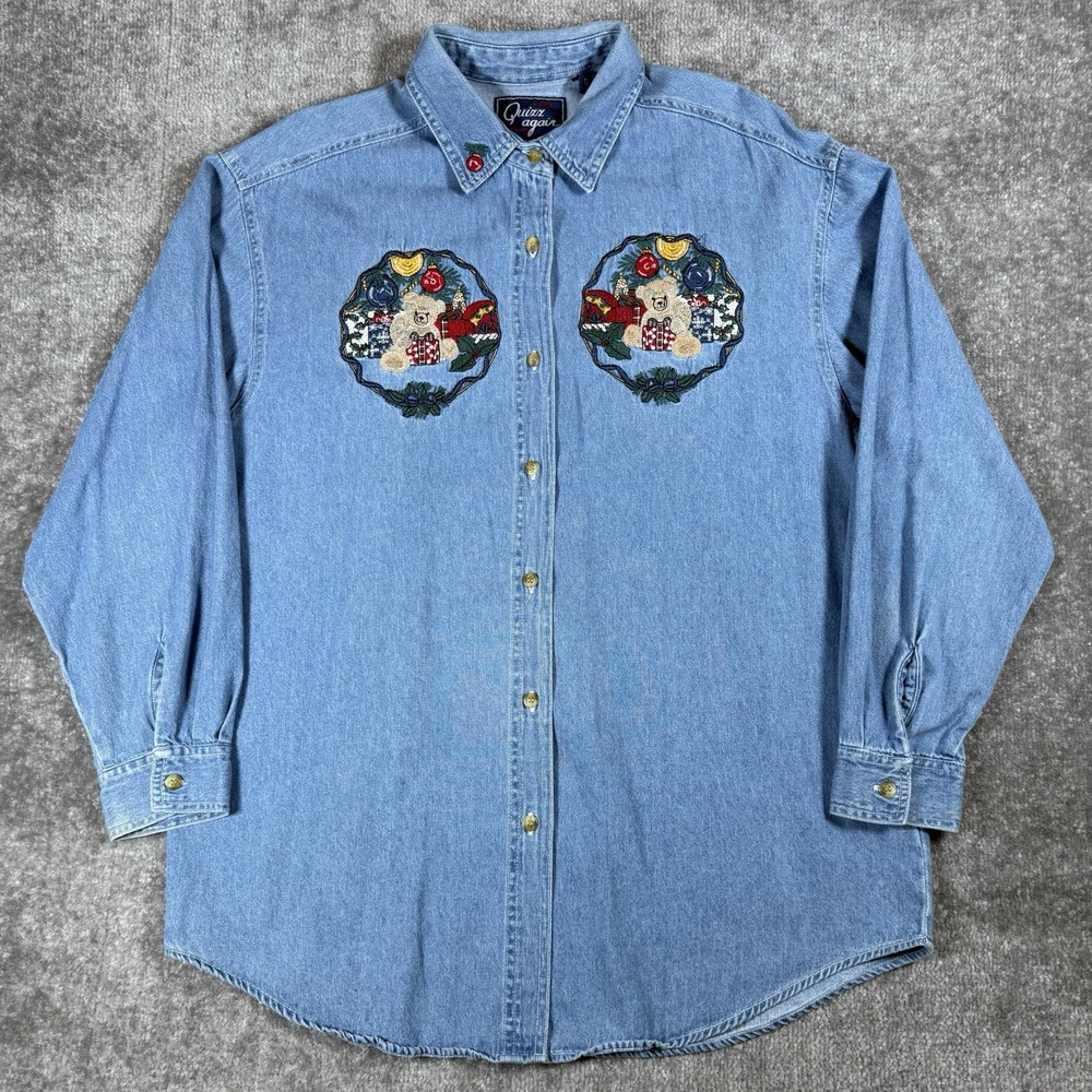 VTG Lets Quizz Again Shirt Women's Medium Blue Denim Christmas Bear